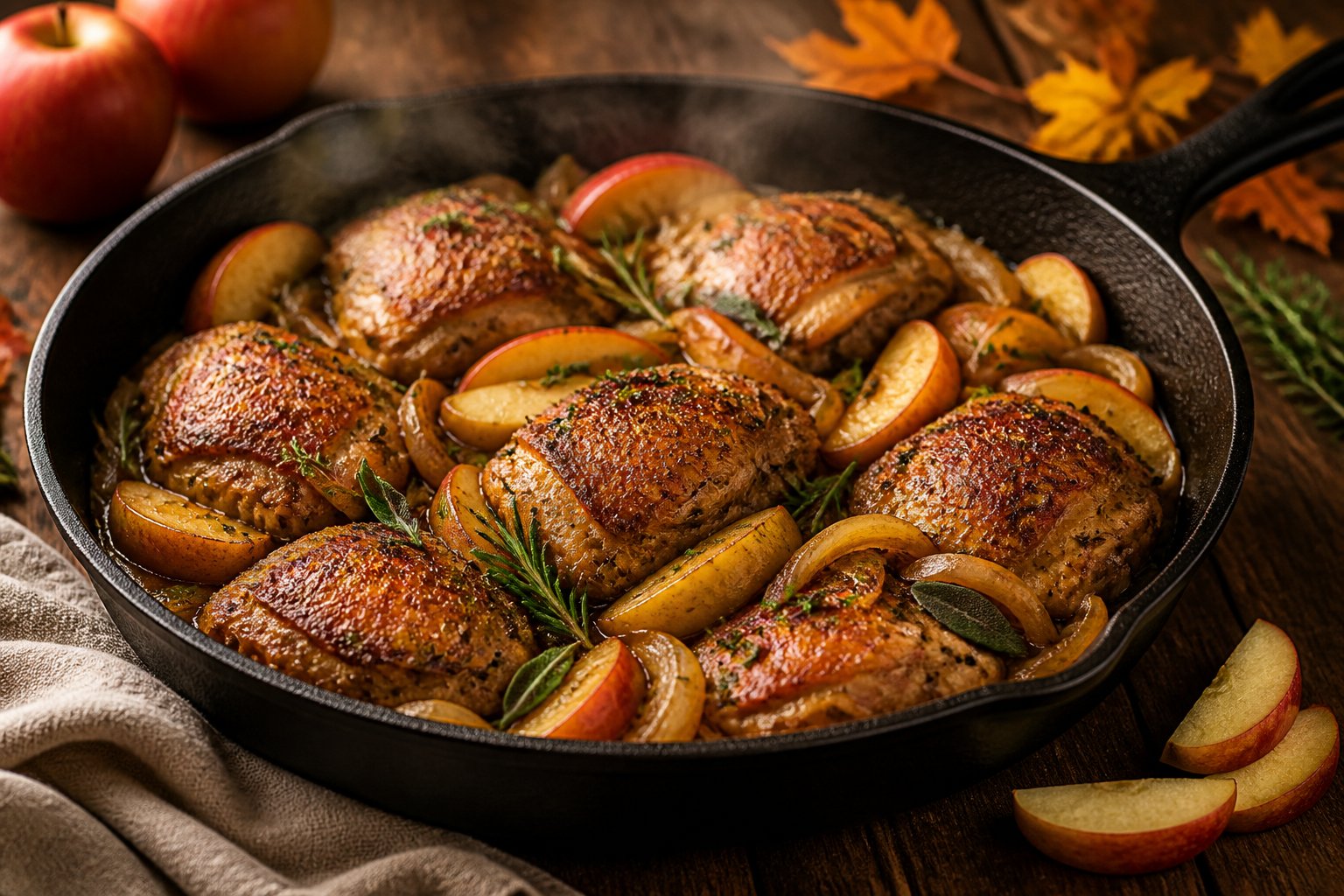 A skillet of golden chicken with apples, onions, herbs, and sauce on a wooden table.