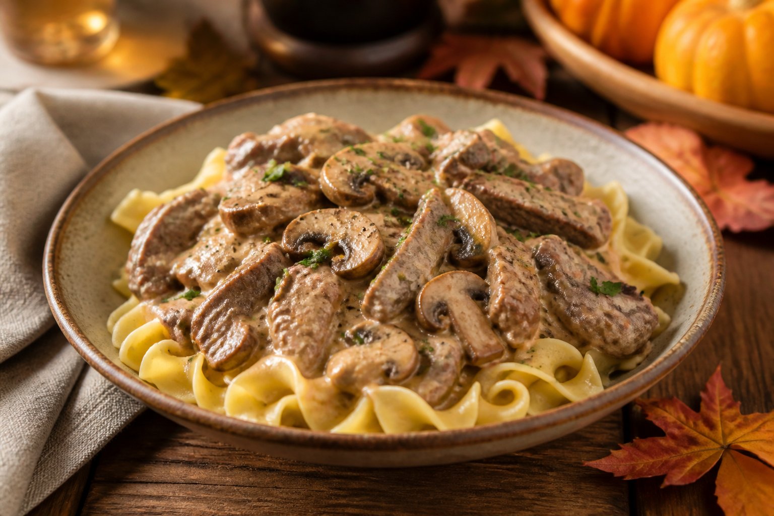 A bowl of creamy beef stroganoff with mushrooms served over egg noodles on a warm wooden table.