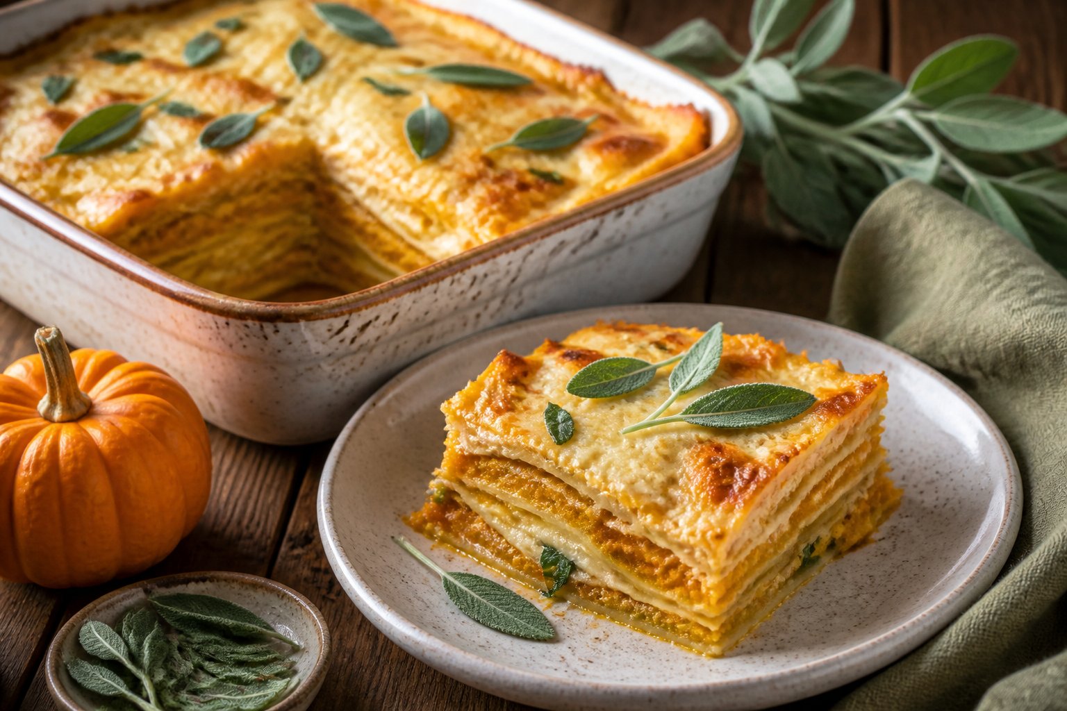A serving of pumpkin lasagna topped with melted cheese and sage in a rustic baking dish on a wooden table.
