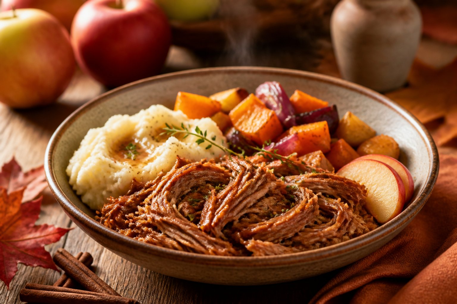 A bowl of apple cider pork with seasonal vegetables and apple slices on a rustic autumn table.