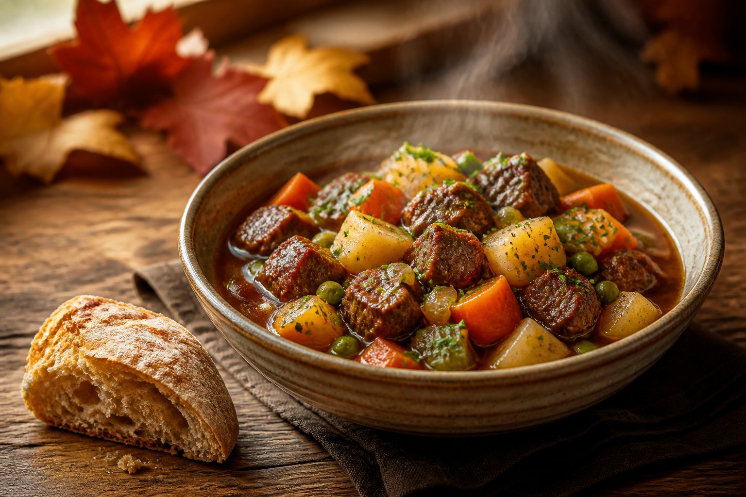 A bowl of beef and vegetable stew with bread on a wooden table.