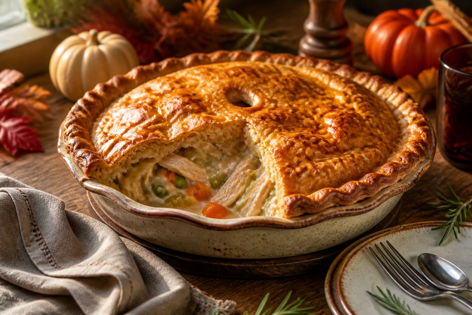 A golden turkey pot pie with a flaky crust sits on a warm autumn dinner table.