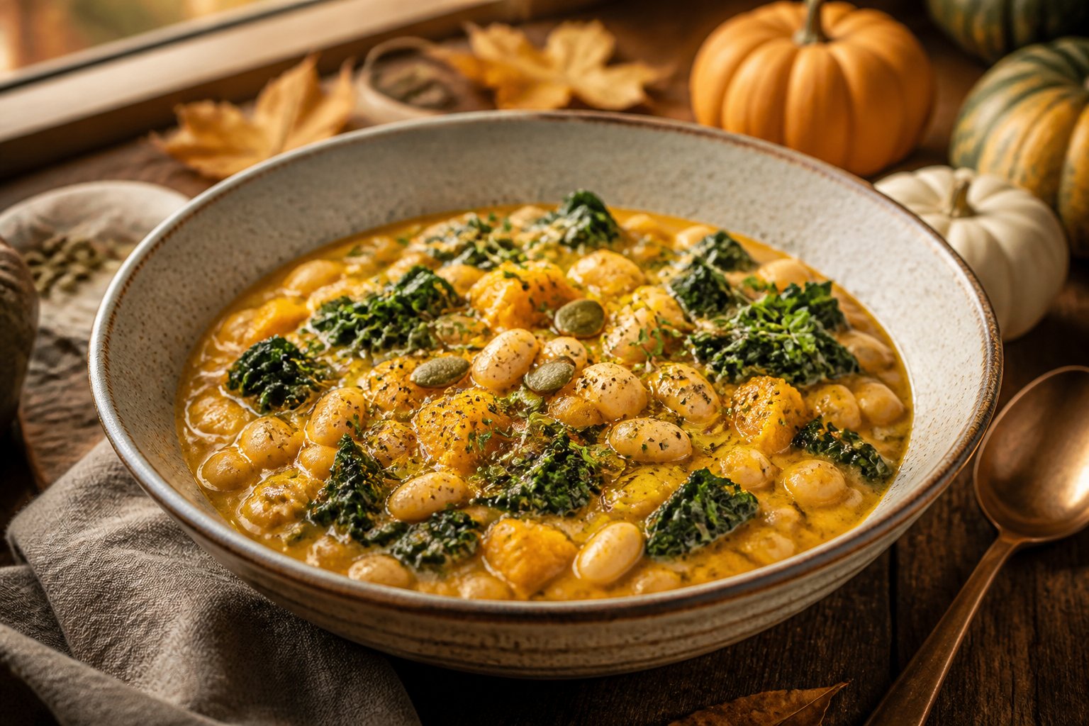 A bowl of creamy pumpkin beans with wilted greens on a warm wooden table.