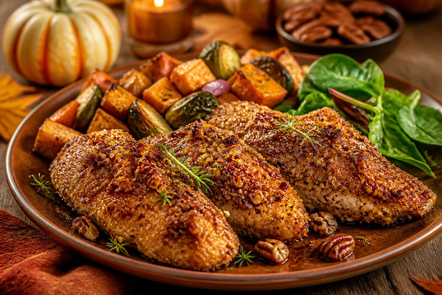 Maple pecan crusted chicken served with roasted autumn vegetables on a dinner plate.