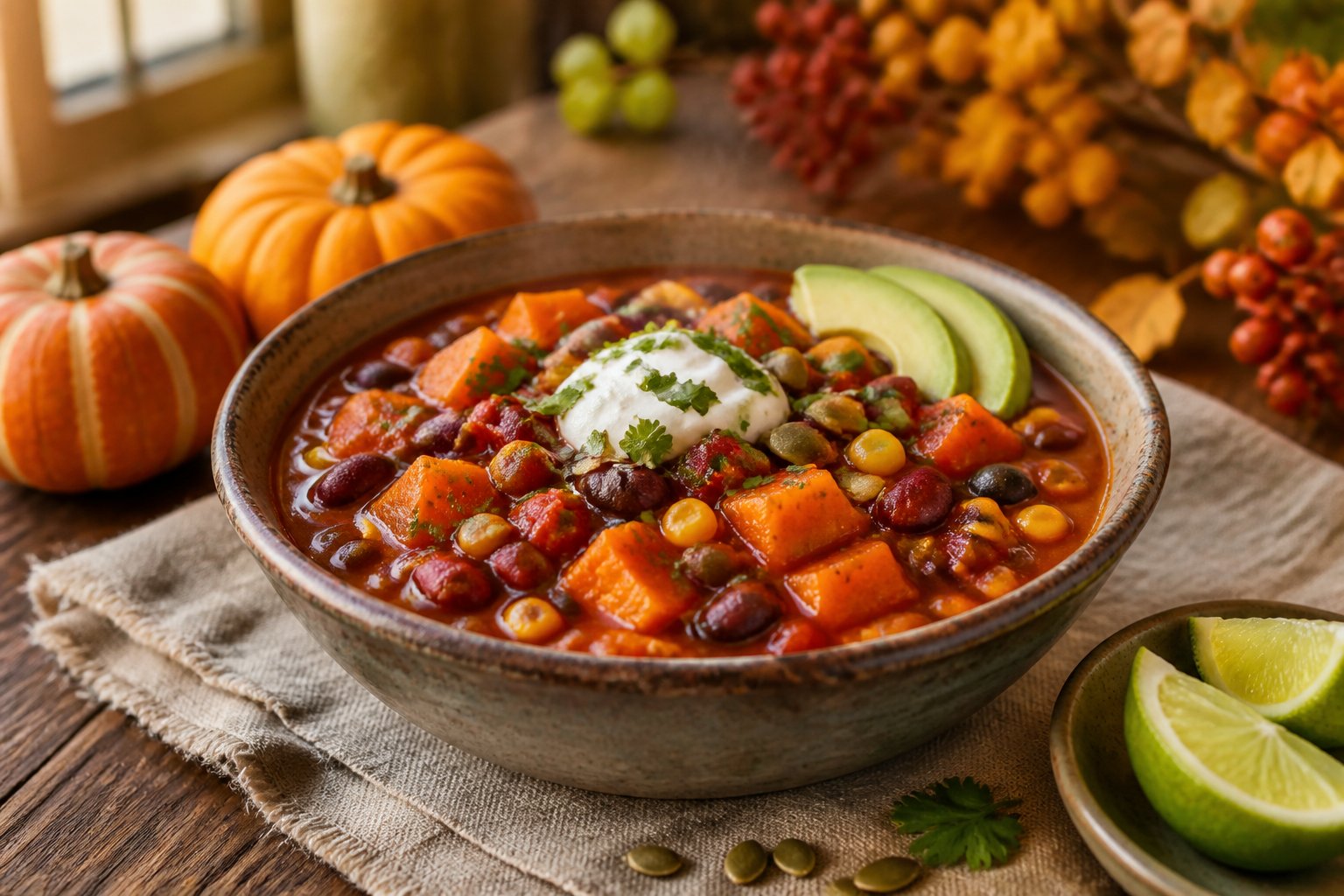 A bowl of vegetarian pumpkin chili with beans, vegetables, herbs, and pumpkin seeds on a warmly lit autumn table.