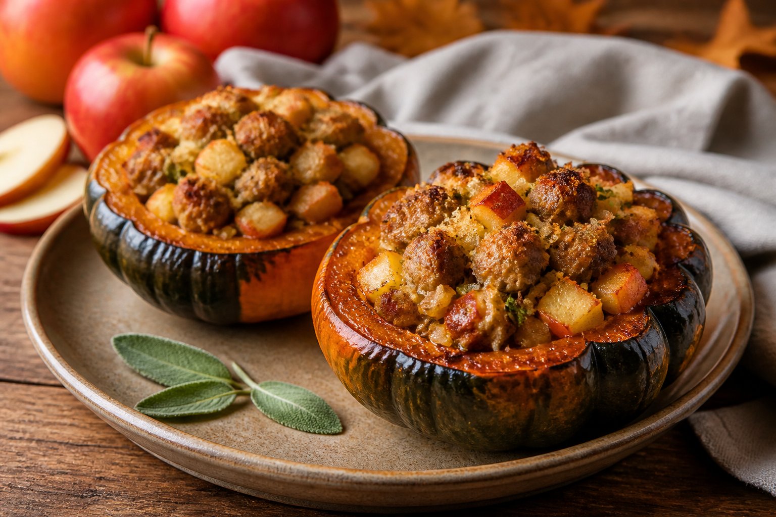 Roasted acorn squash halves filled with sausage, apples, herbs, and breadcrumbs on a plate.