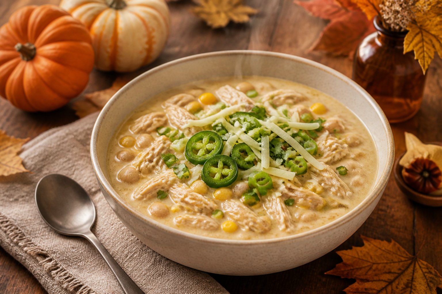 A warm bowl of creamy white chicken chili garnished with herbs and green onions on a wooden table with autumn accents.