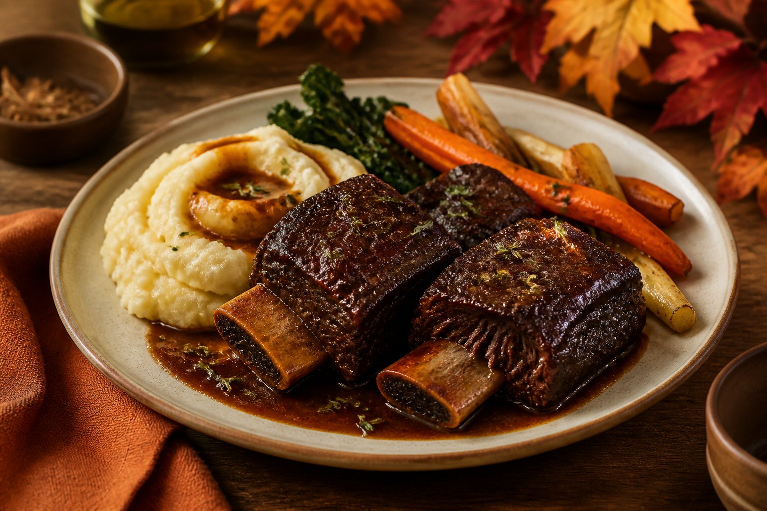 Braised short ribs with gravy served beside creamy mashed potatoes on a rustic table.