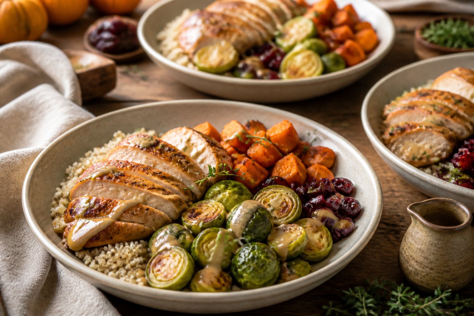 Bowls of sliced roasted chicken, Brussels sprouts, sweet potatoes, grains, and seasonal garnishes on a rustic wooden table.