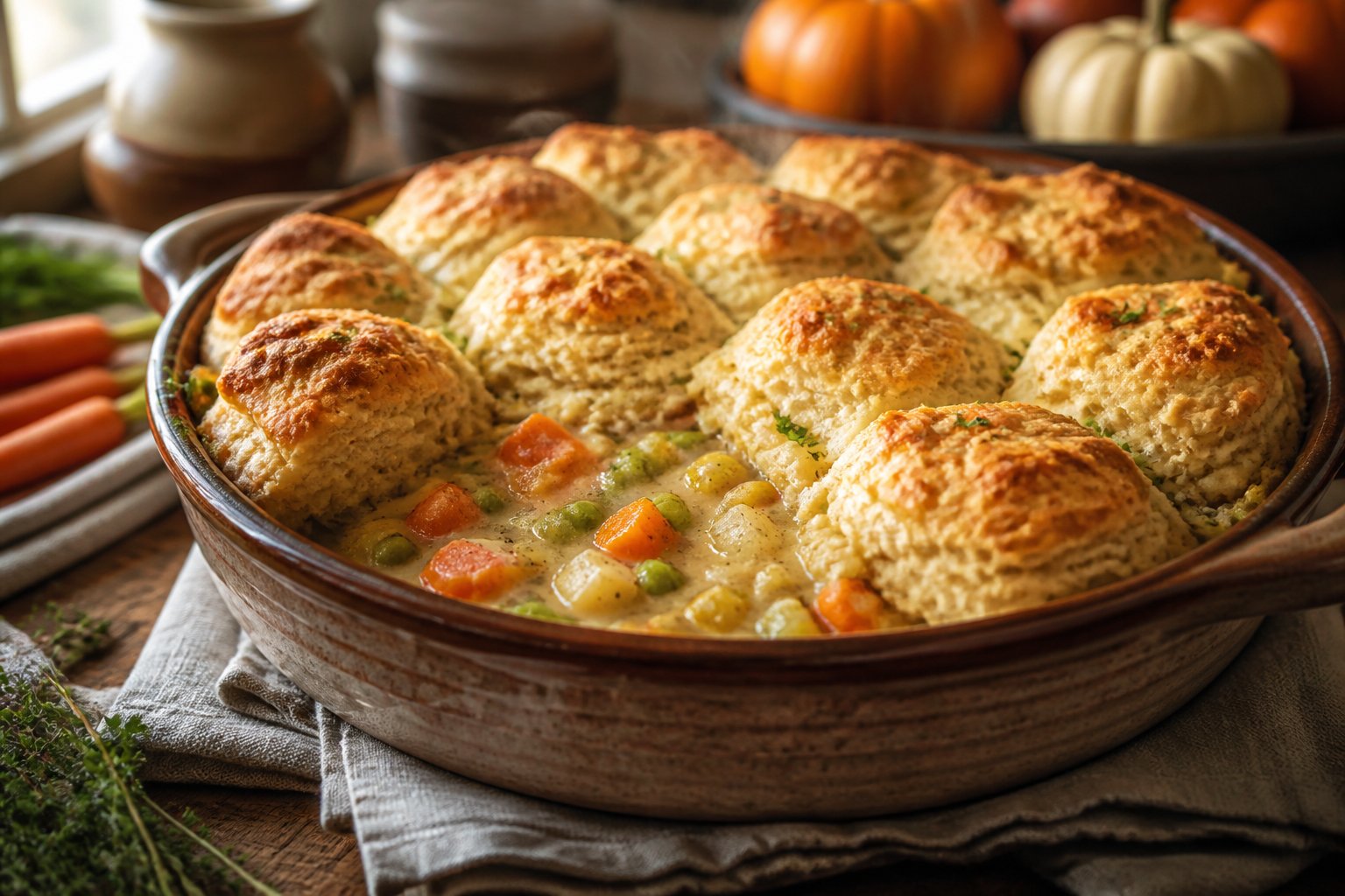 A golden biscuit and vegetable pot pie in a ceramic baking dish on a dining table.