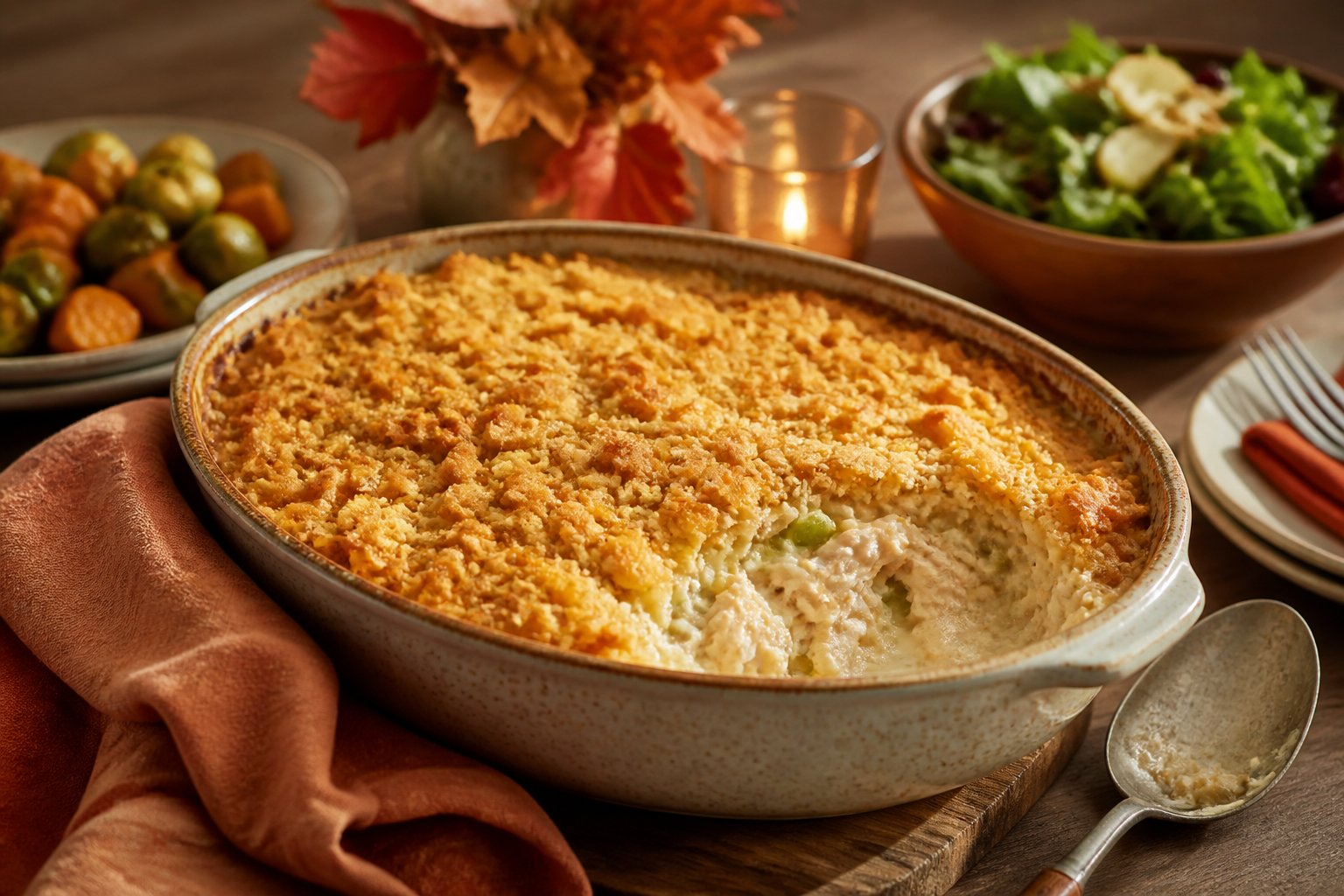 A golden chicken casserole with a crisp cracker topping served on a rustic table with autumn decorations and side dishes.