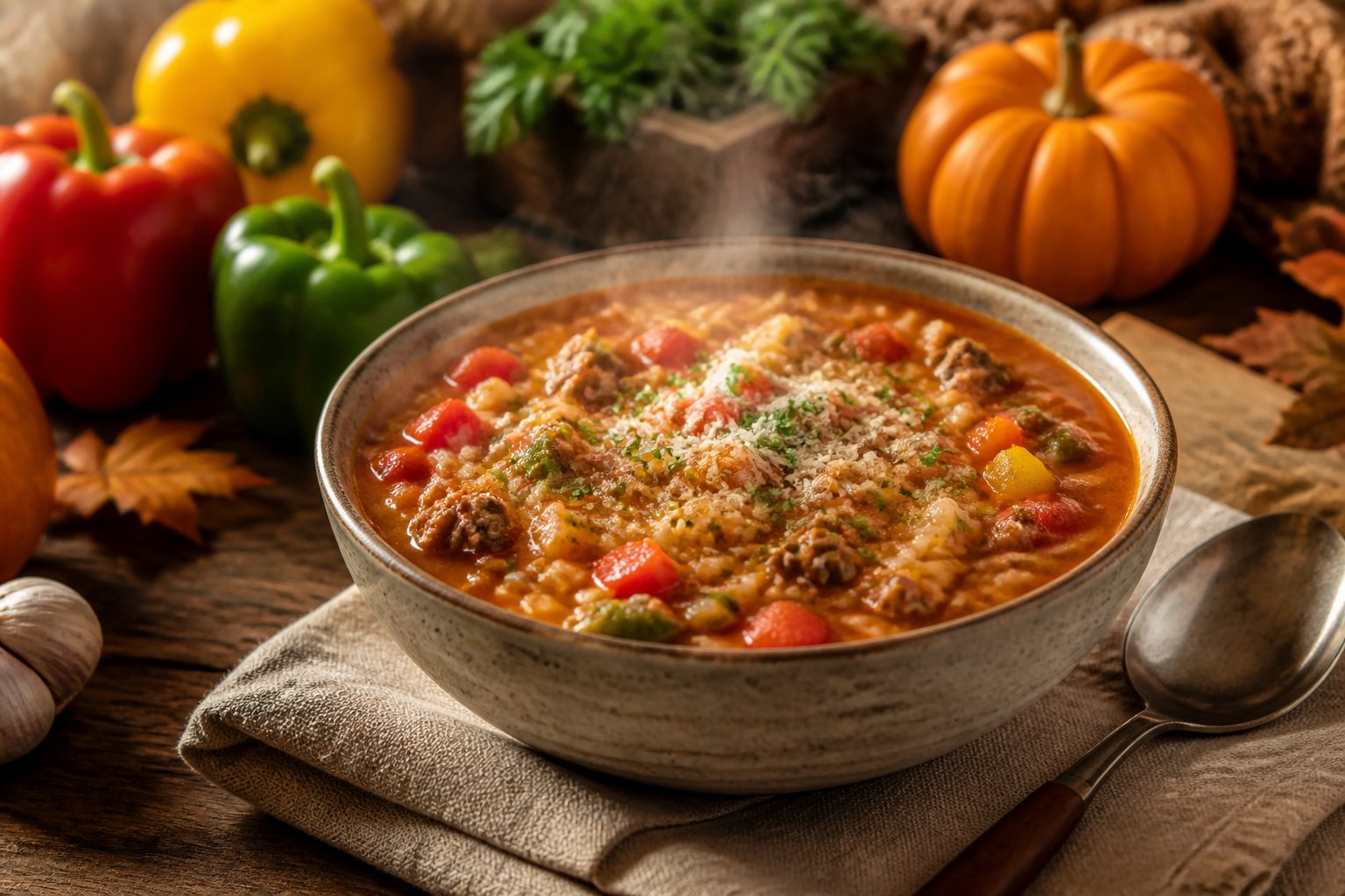A warm bowl of stuffed pepper soup sits on a wooden table with autumn accents.
