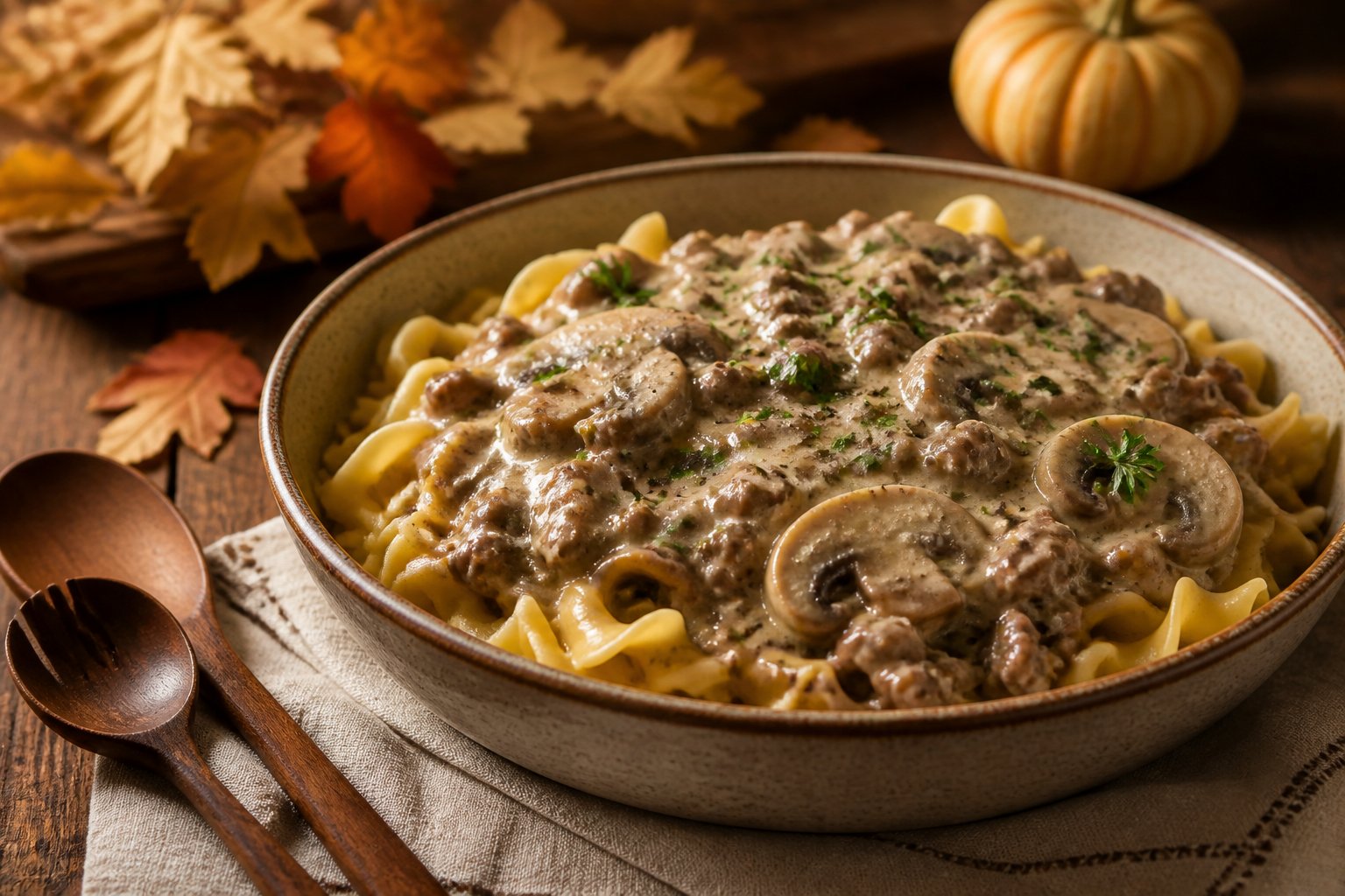 A bowl of creamy ground beef stroganoff with mushrooms and egg noodles on a cozy autumn table.