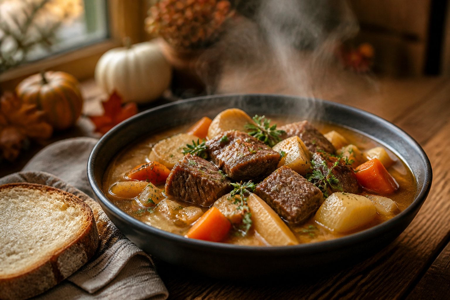 A bowl of lamb stew with carrots, potatoes, and other root vegetables on a wooden table with crusty bread.