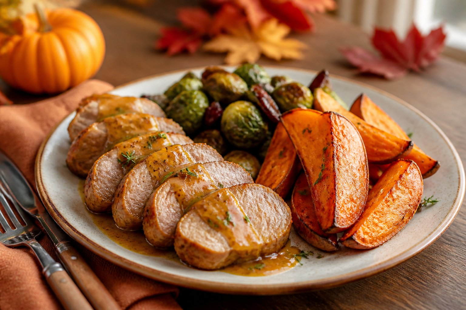 Sliced maple Dijon pork tenderloin with roasted sweet potato wedges on a dinner plate.