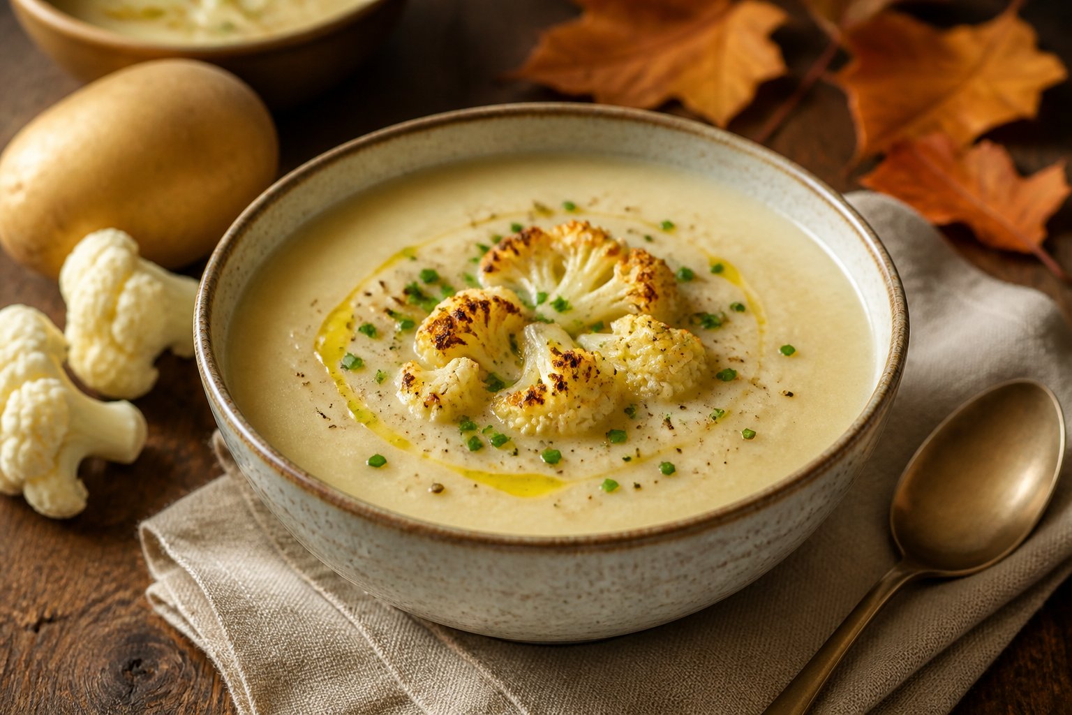 A bowl of creamy cauliflower potato soup with roasted cauliflower and chives on a warm wooden table.