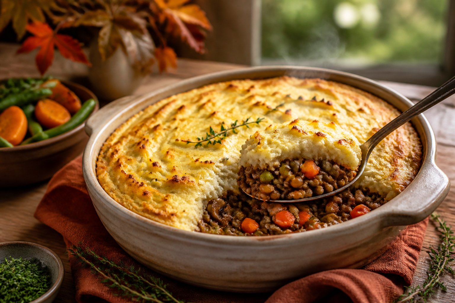 A golden vegetarian lentil shepherd's pie served in a rustic baking dish on a fall dinner table.