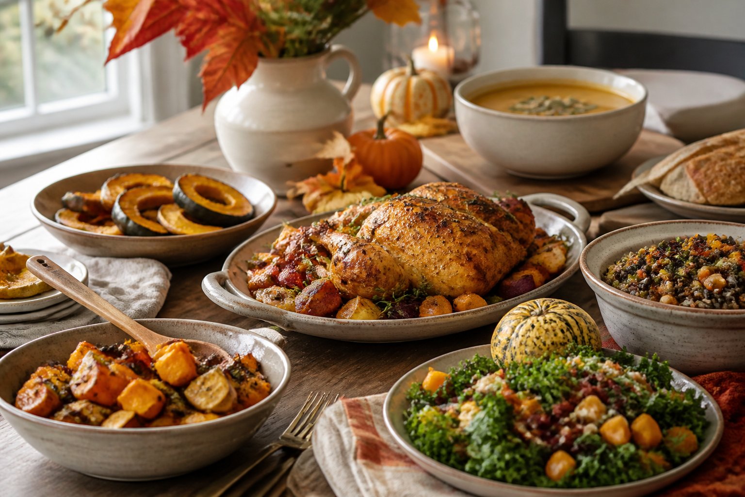A cozy autumn table set with a variety of seasonal dinner dishes, including roasted vegetables, soup, bread, and salad.