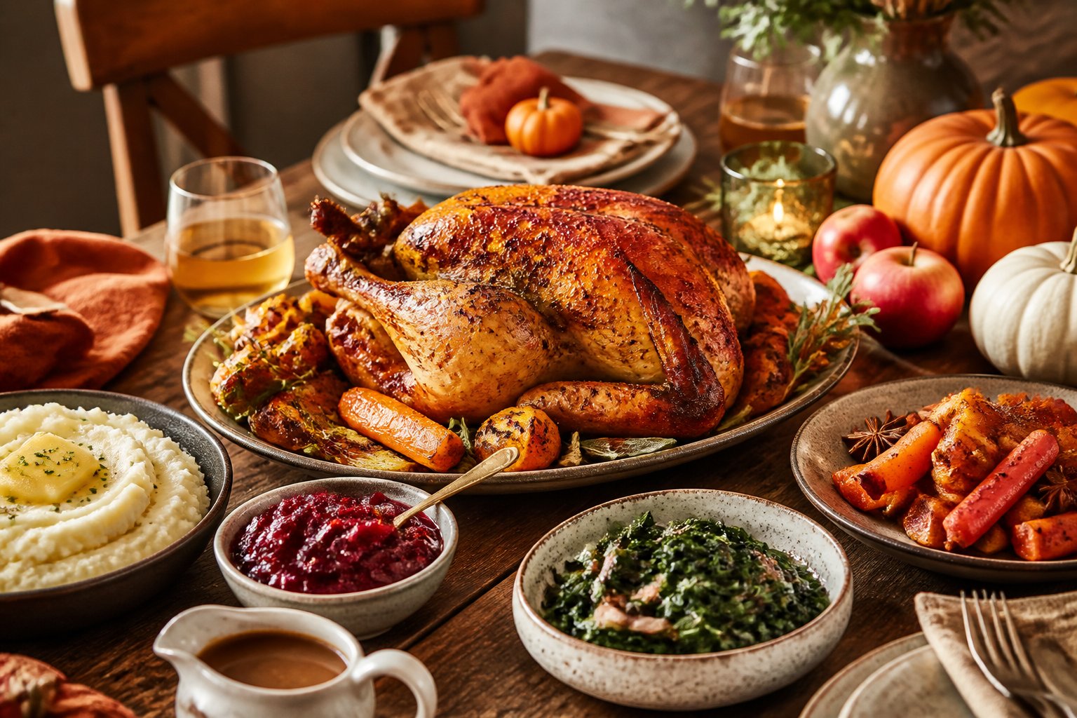 A cozy autumn dinner table with roasted meat, mashed potatoes, seasonal vegetables, and rustic tableware.