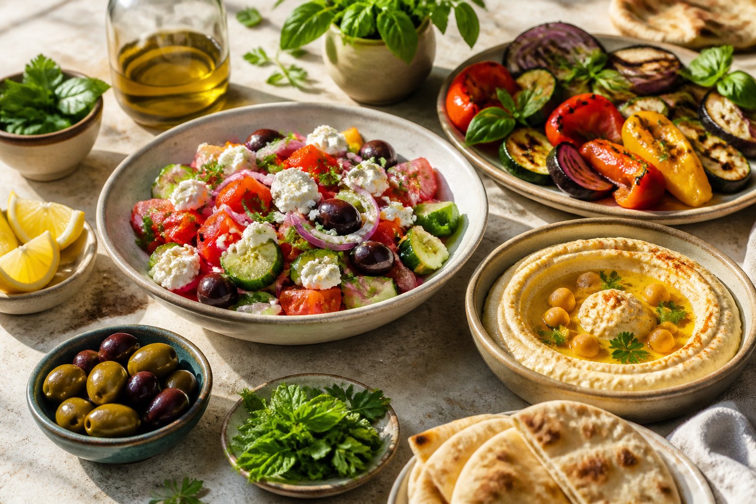 A colorful spread of Mediterranean dishes including salad, hummus, pita bread, grilled vegetables, olives, and herbs on a stone table.