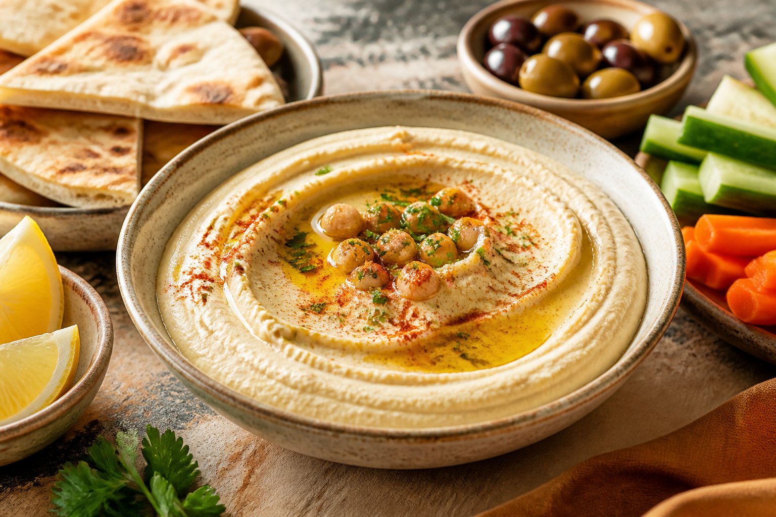 A bowl of creamy hummus garnished with olive oil, paprika, parsley, and chickpeas, surrounded by pita bread and fresh vegetables.