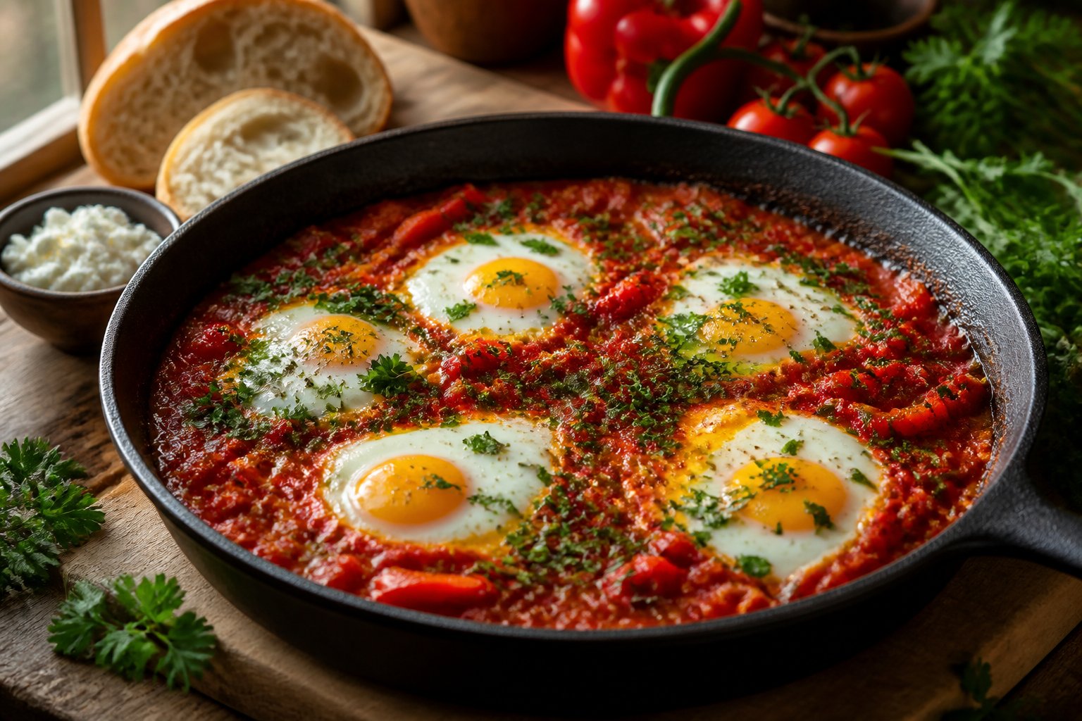 A skillet of shakshuka with poached eggs in tomato and pepper sauce, served with bread and fresh herbs.