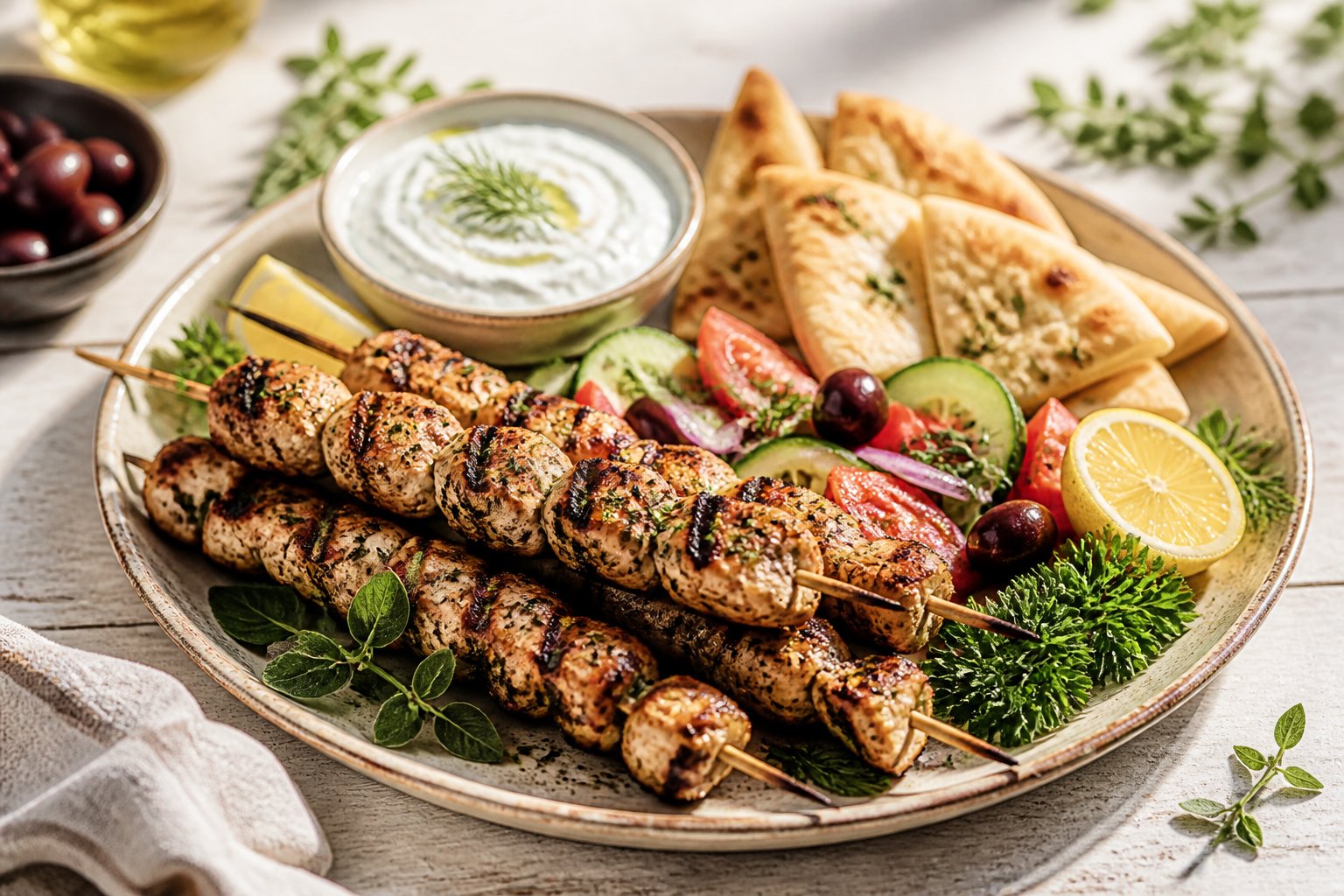 Grilled chicken souvlaki skewers served with tzatziki, pita, salad, lemon, olives, and fresh herbs.