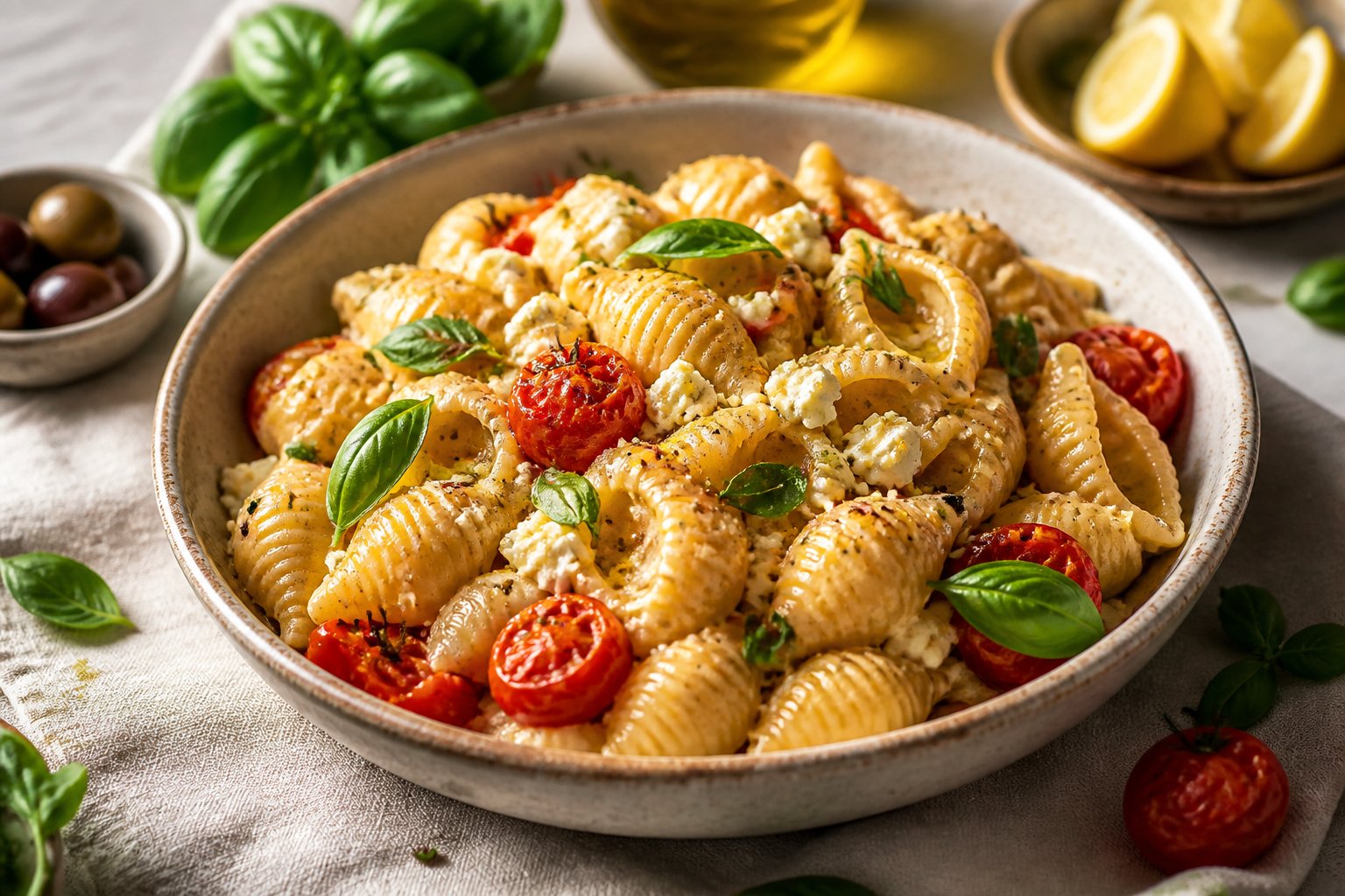 A bowl of creamy baked feta pasta with roasted tomatoes and fresh basil on a linen-covered table.