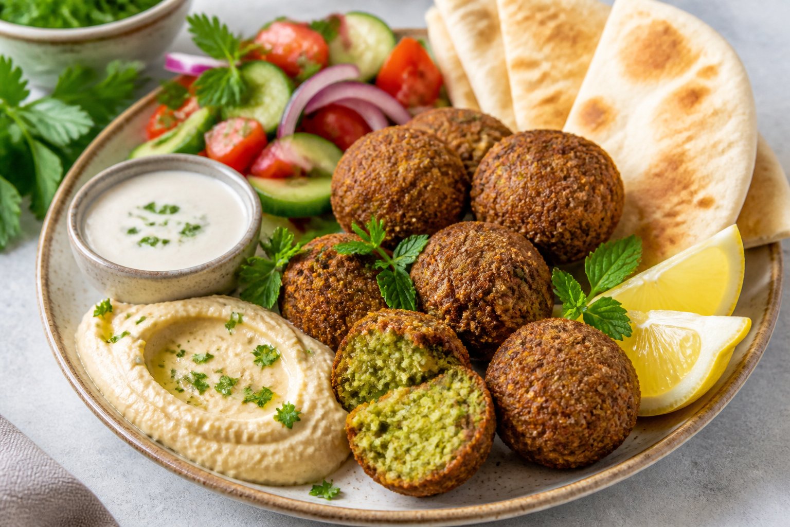 Golden falafel with hummus, herbs, vegetables, lemon, and pita bread on a plate.