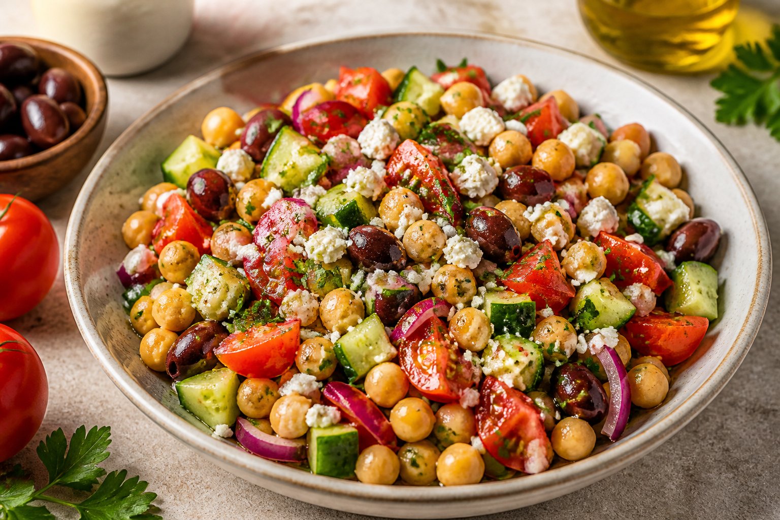 A bowl of colorful chickpea salad with tomatoes, cucumber, olives, red onion, parsley, and feta.
