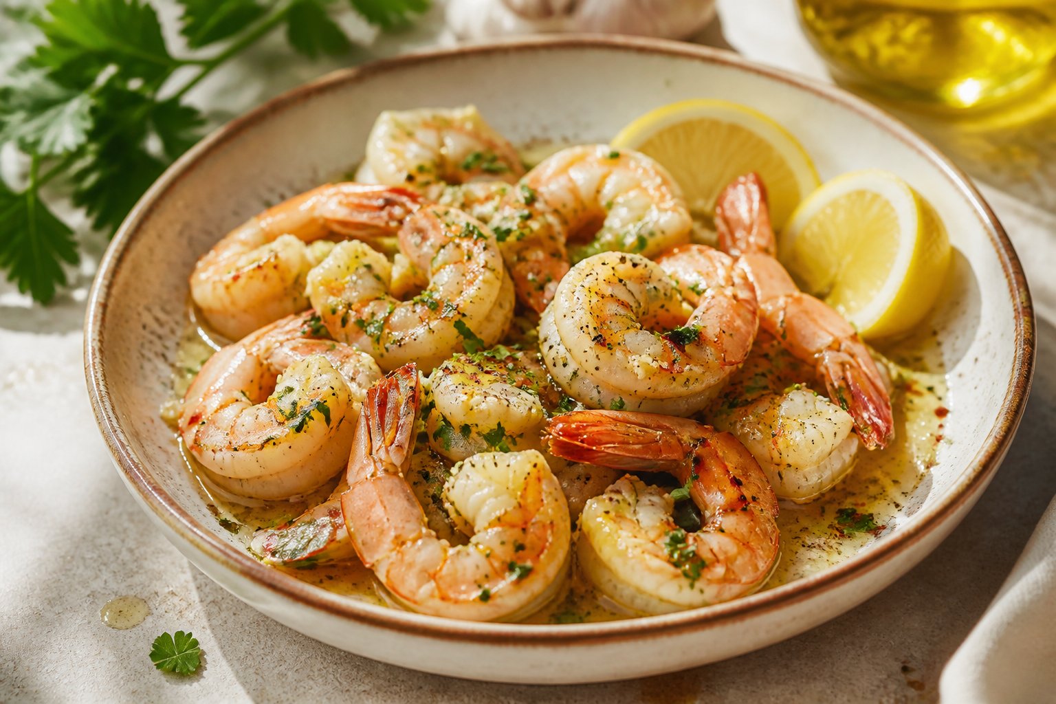 A dish of golden garlic shrimp garnished with parsley and lemon wedges.