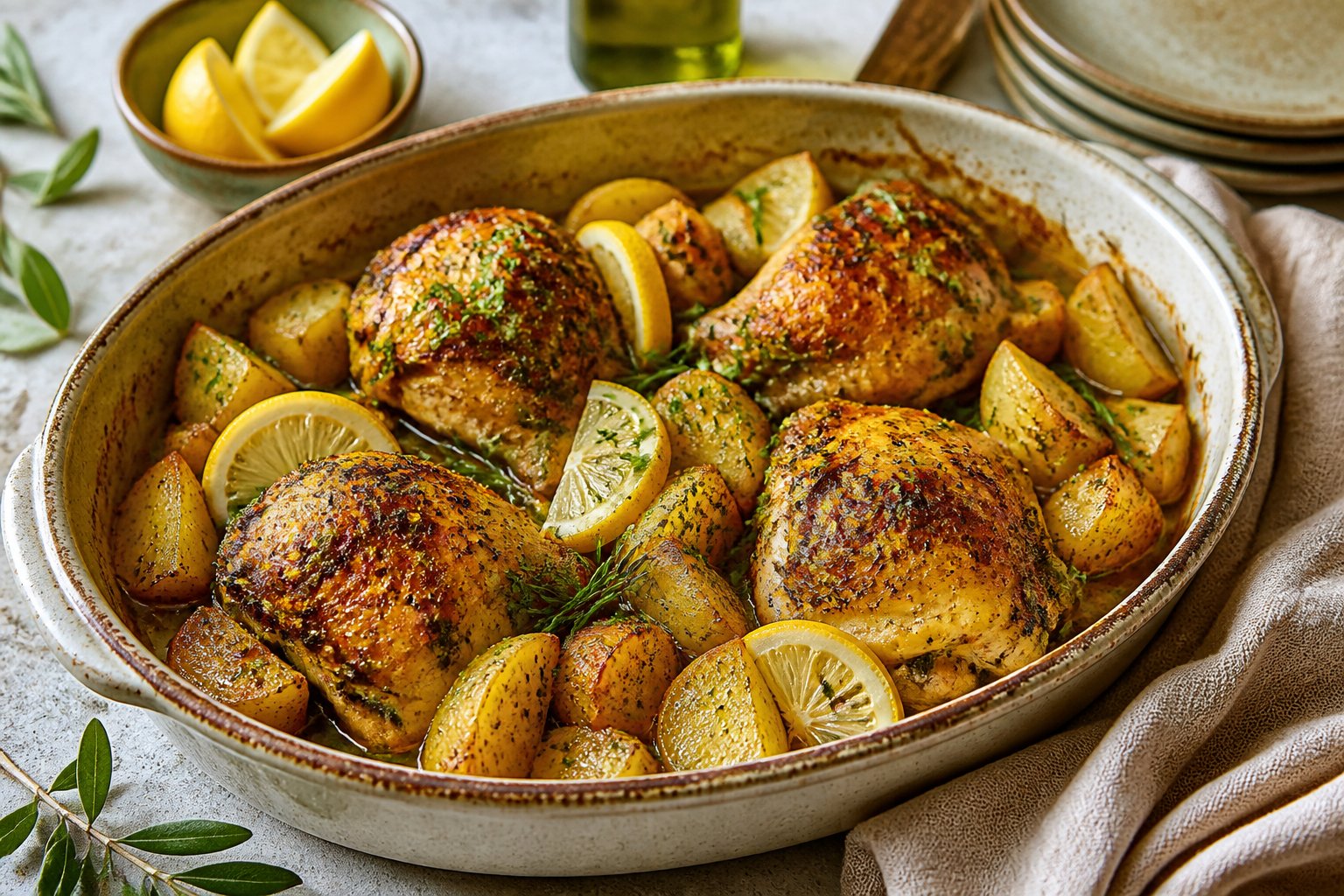 Roasted Greek lemon chicken and potato wedges garnished with herbs and lemon slices in a ceramic baking dish.