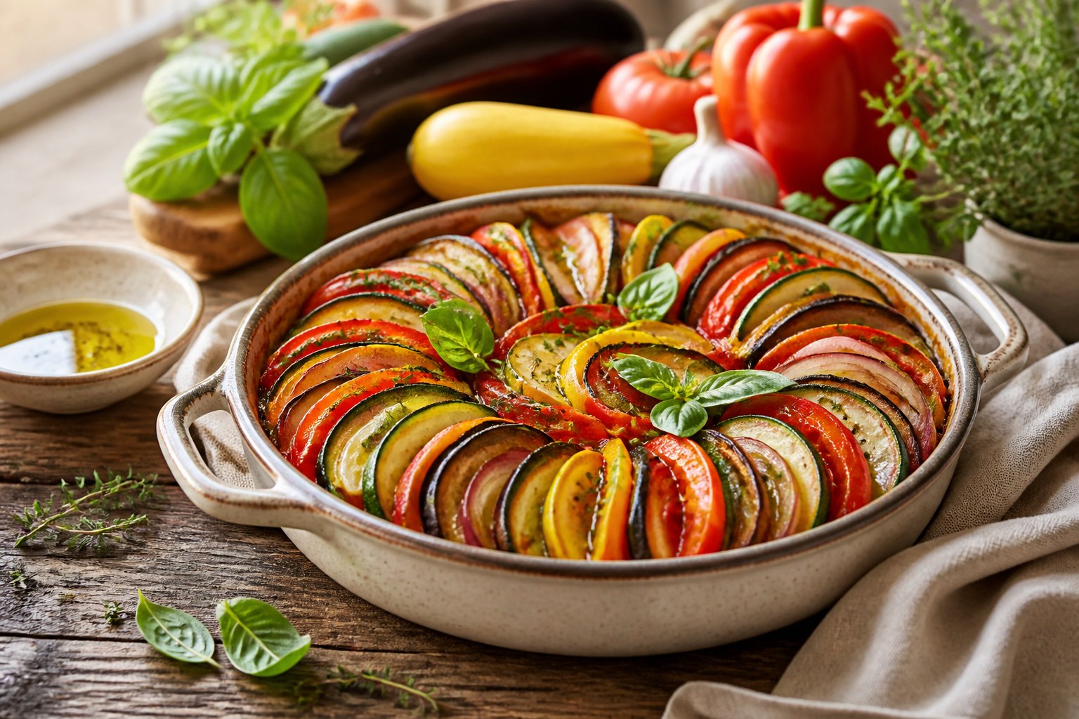 A dish of colorful ratatouille vegetables garnished with fresh basil on a rustic table.