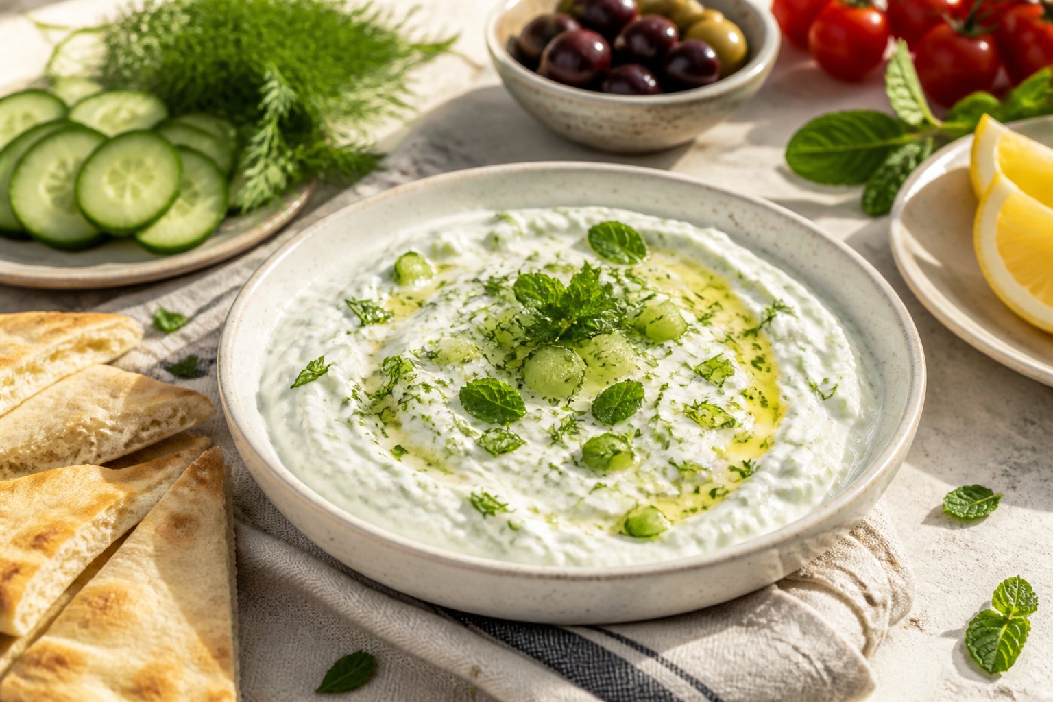 A bowl of creamy tzatziki garnished with herbs and olive oil, surrounded by pita, vegetables, olives, and lemon on a Mediterranean table.