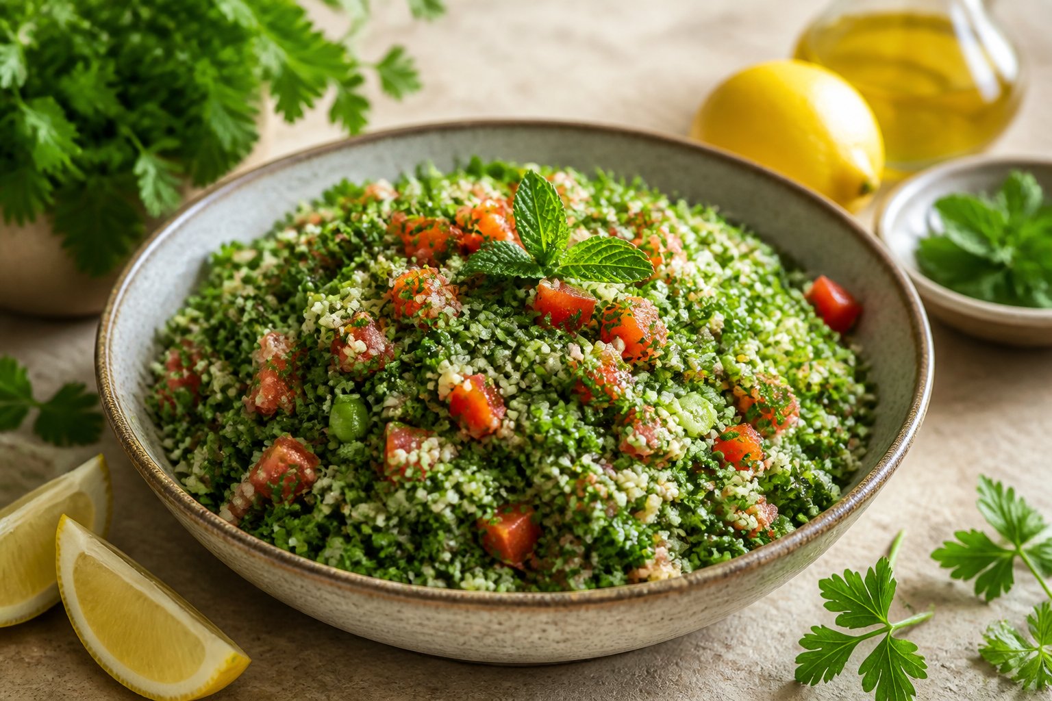 A bowl of colorful tabbouleh salad with parsley, tomatoes, cucumber, mint, and bulgur.