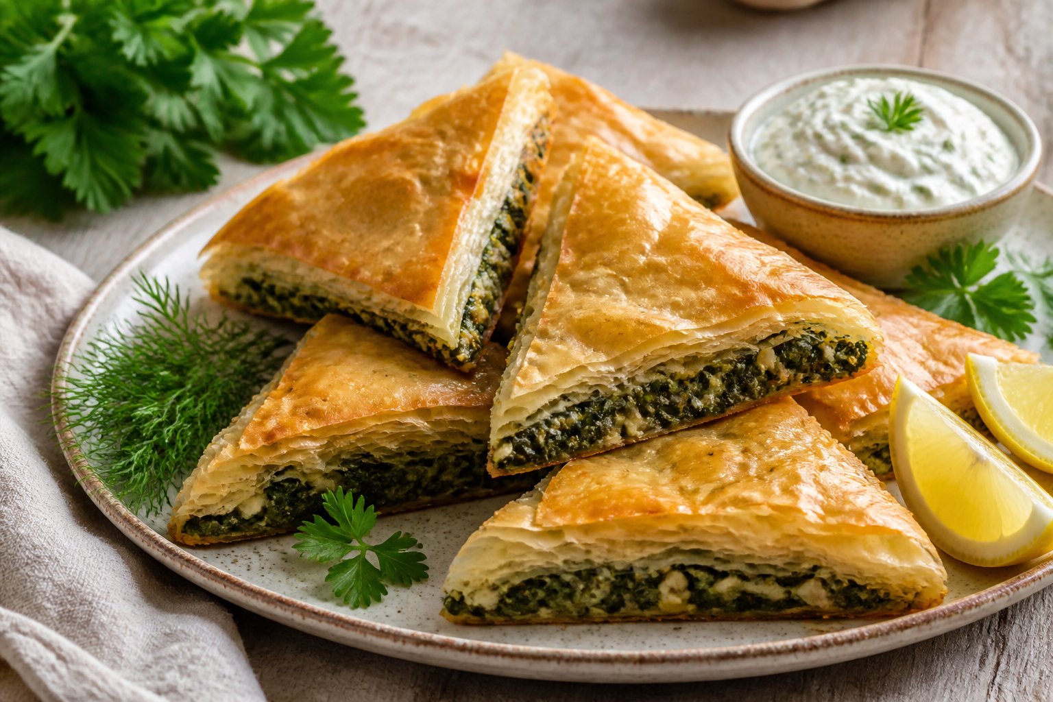 Golden spanakopita triangles with spinach and feta filling arranged on a platter with lemon and herbs.