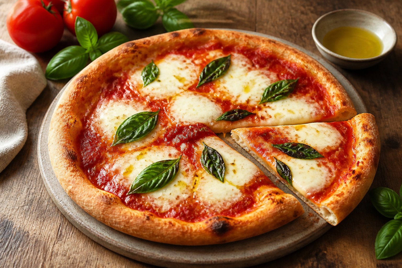 A freshly baked Margherita pizza topped with tomato, melted mozzarella, and basil on a rustic table.