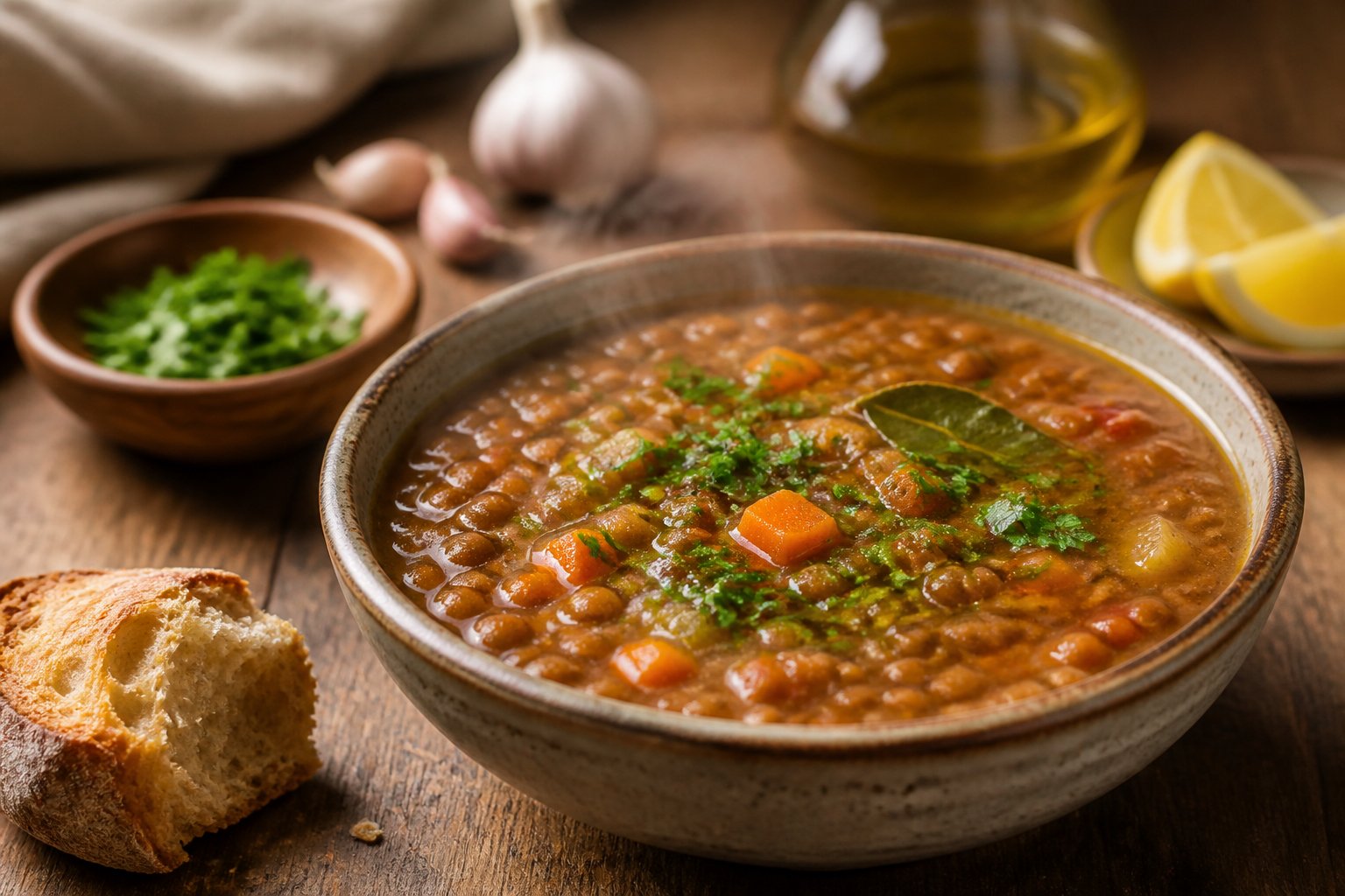 A warm bowl of lentil soup with vegetables, herbs, olive oil, and crusty bread on a wooden table.