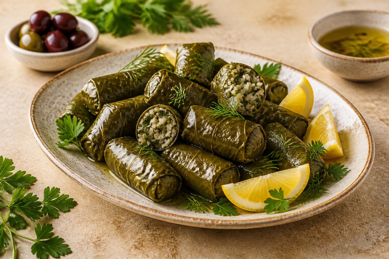 A platter of stuffed grape leaves garnished with herbs and lemon wedges.