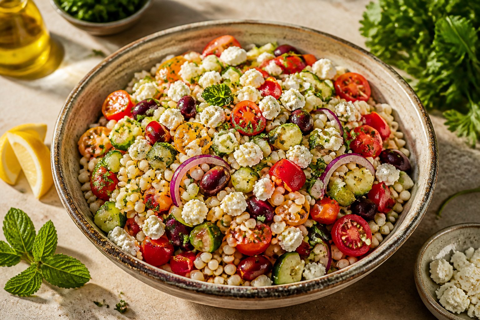 A colorful Israeli couscous salad with vegetables, herbs, olives, and feta in a serving bowl.
