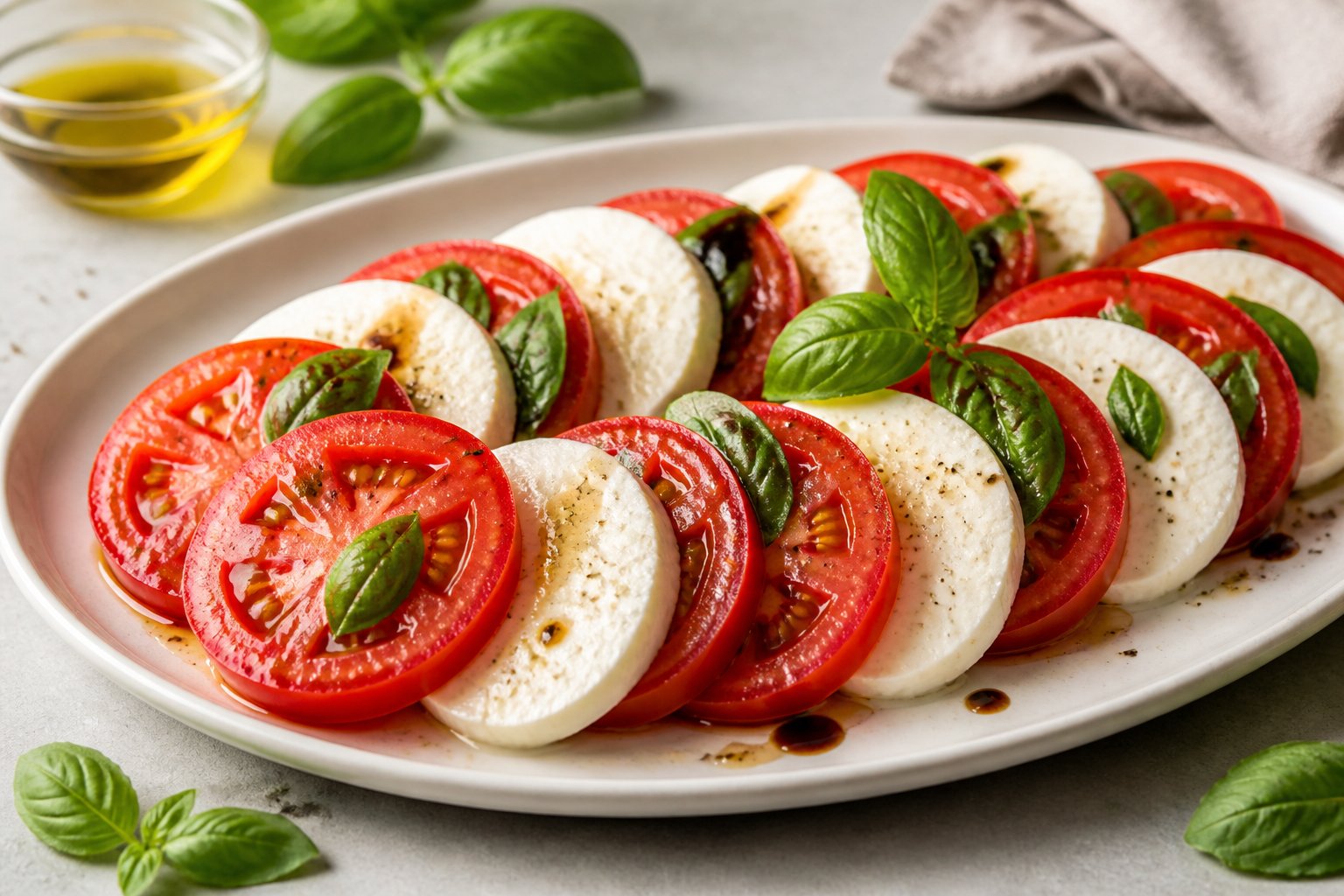 A Caprese salad with sliced tomatoes, mozzarella, and fresh basil arranged on a white platter.