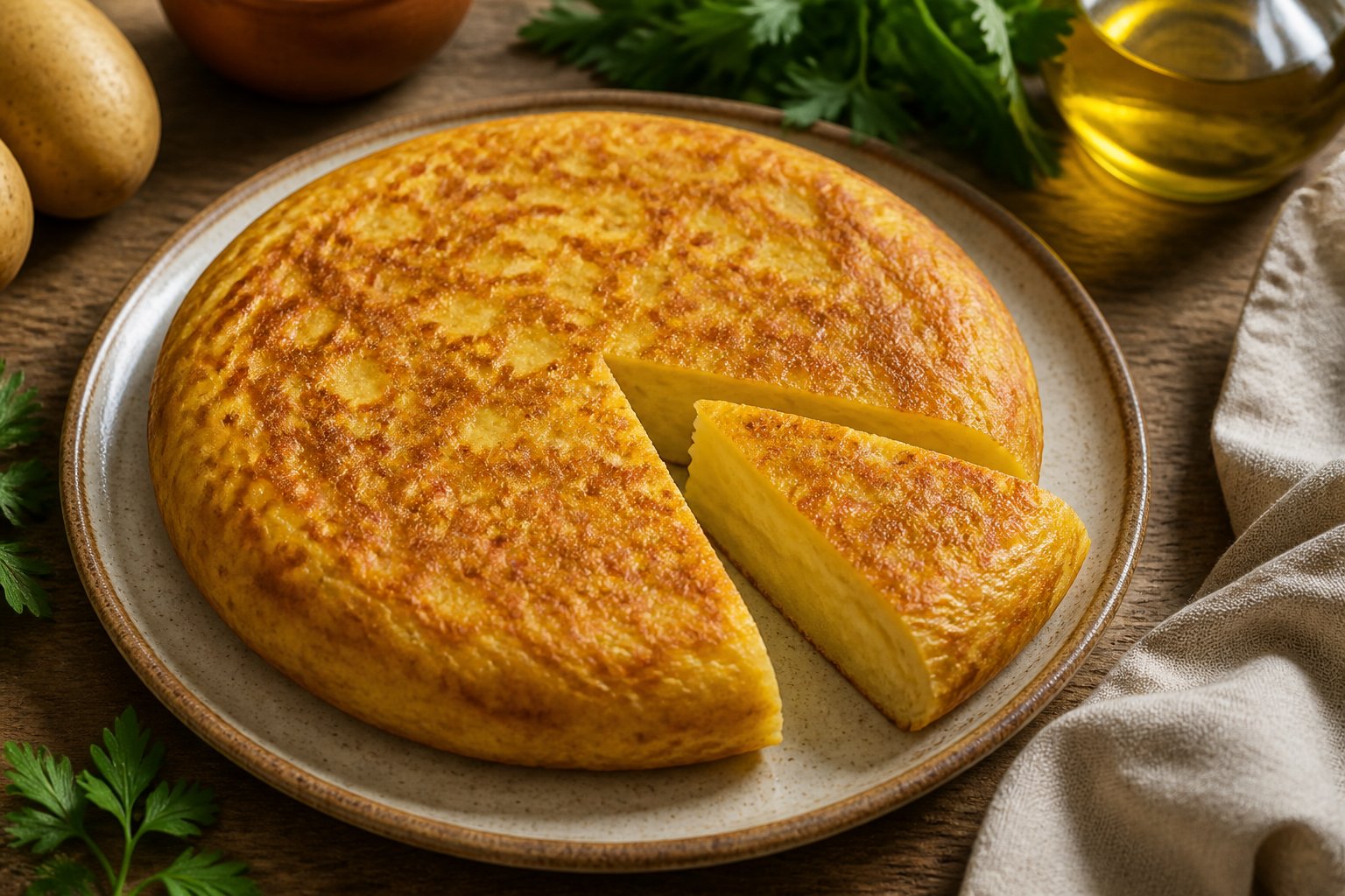 A golden Spanish tortilla with sliced potatoes is served on a ceramic plate with parsley and olive oil nearby.