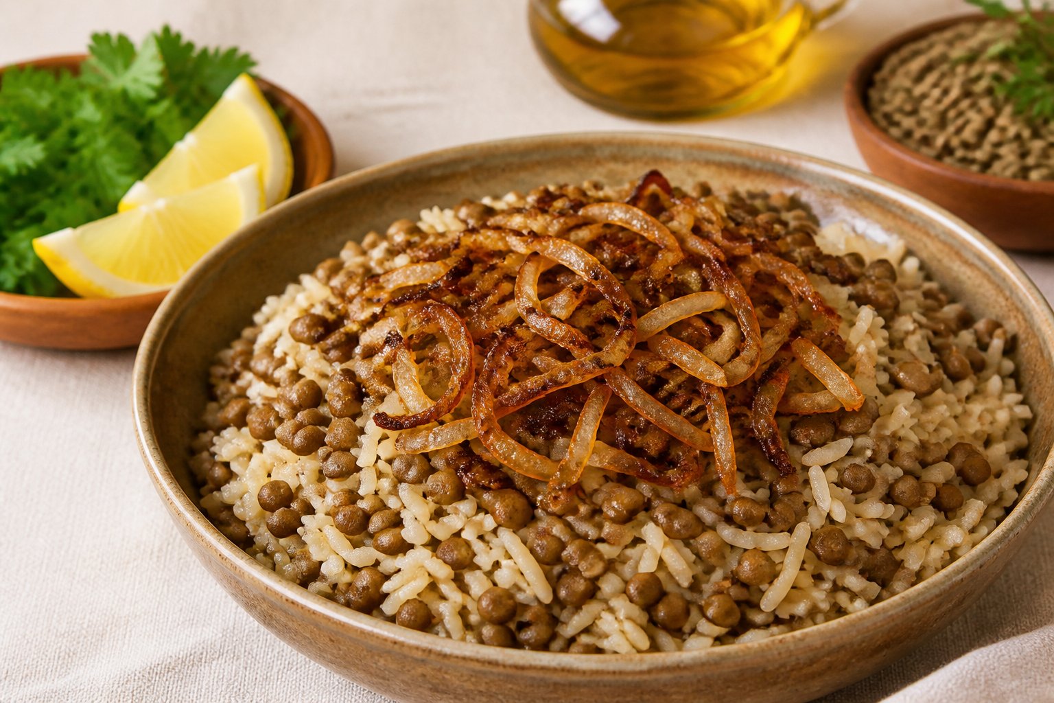 A bowl of lentils and rice topped with caramelized onions on a linen-covered table.