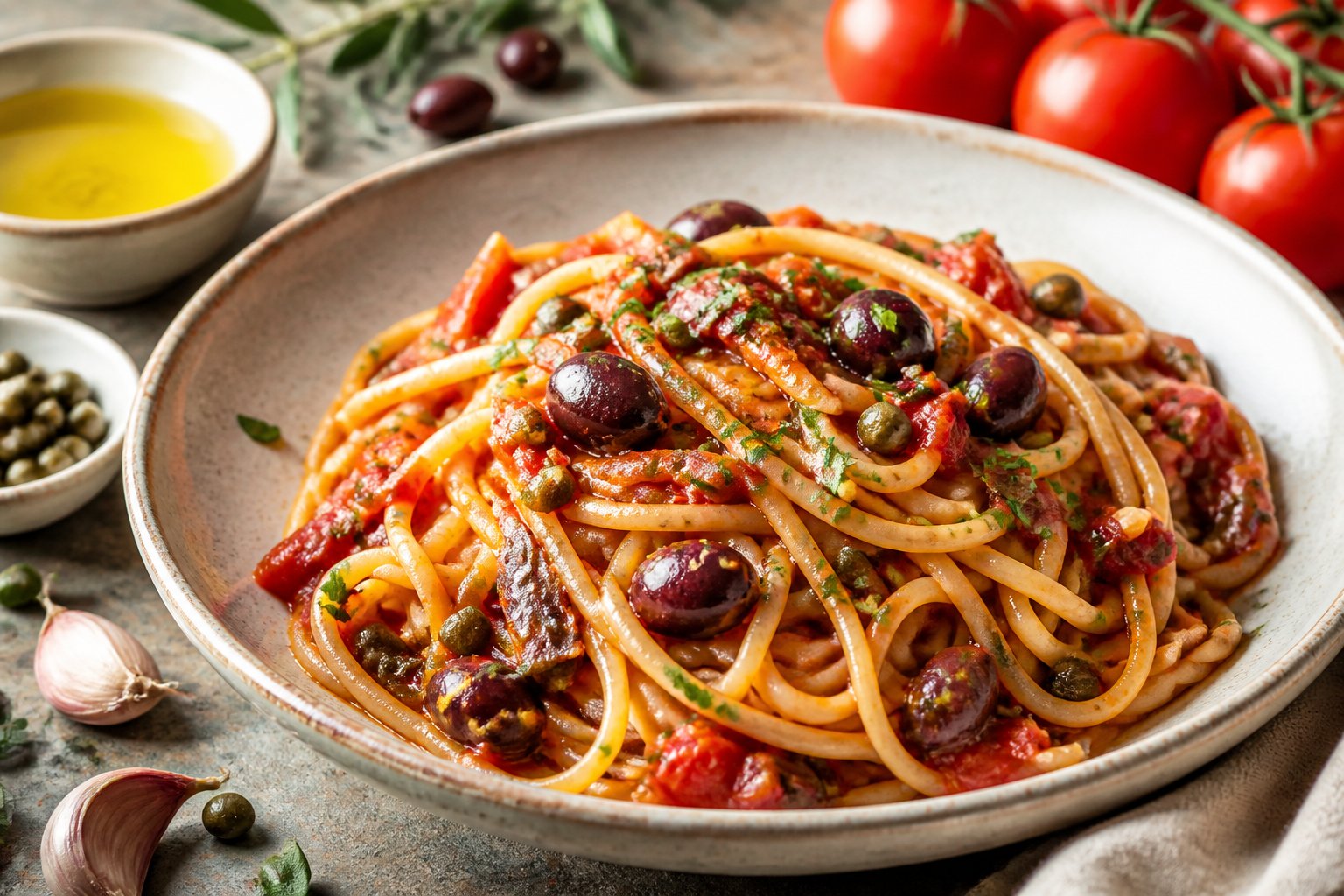 A bowl of spaghetti puttanesca with tomato sauce, olives, capers, and parsley on a Mediterranean-style table.