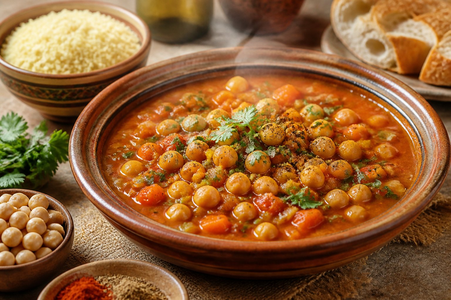 A bowl of Moroccan chickpea stew with vegetables and fresh herbs on a rustic table.
