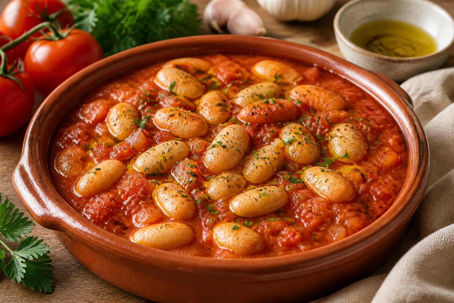 A rustic dish of large butter beans baked in tomato sauce and garnished with parsley.