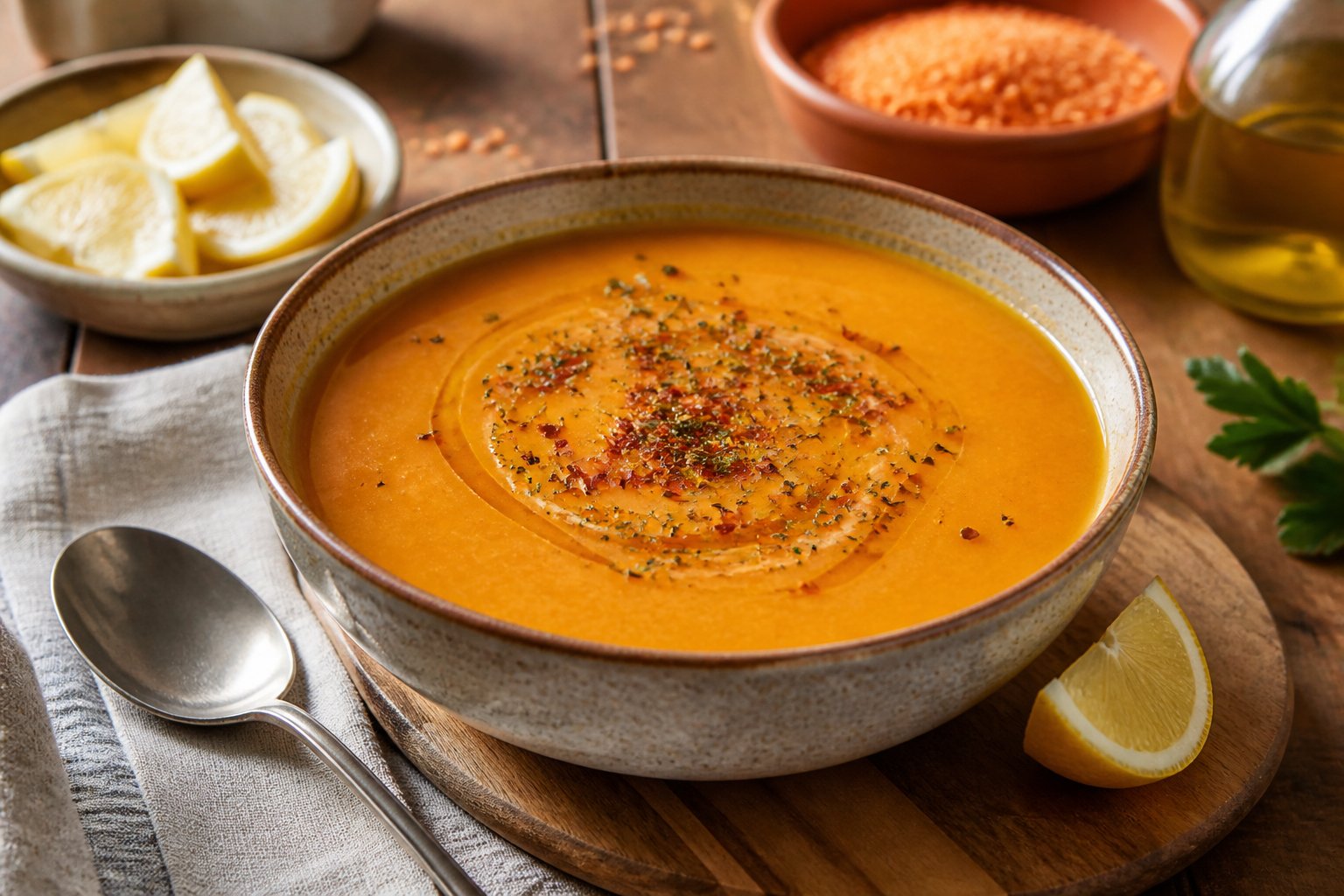A bowl of golden Turkish red lentil soup garnished with mint and red pepper flakes, served with lemon wedges.