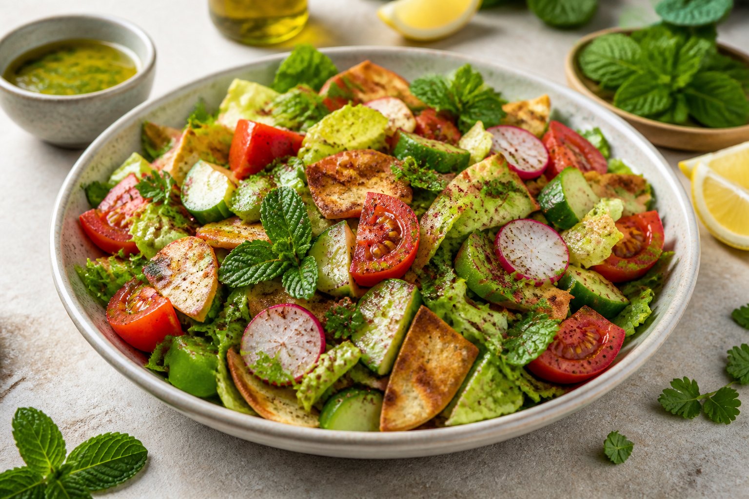 A bowl of fresh Fattoush salad with vegetables, herbs, toasted pita, and lemon.