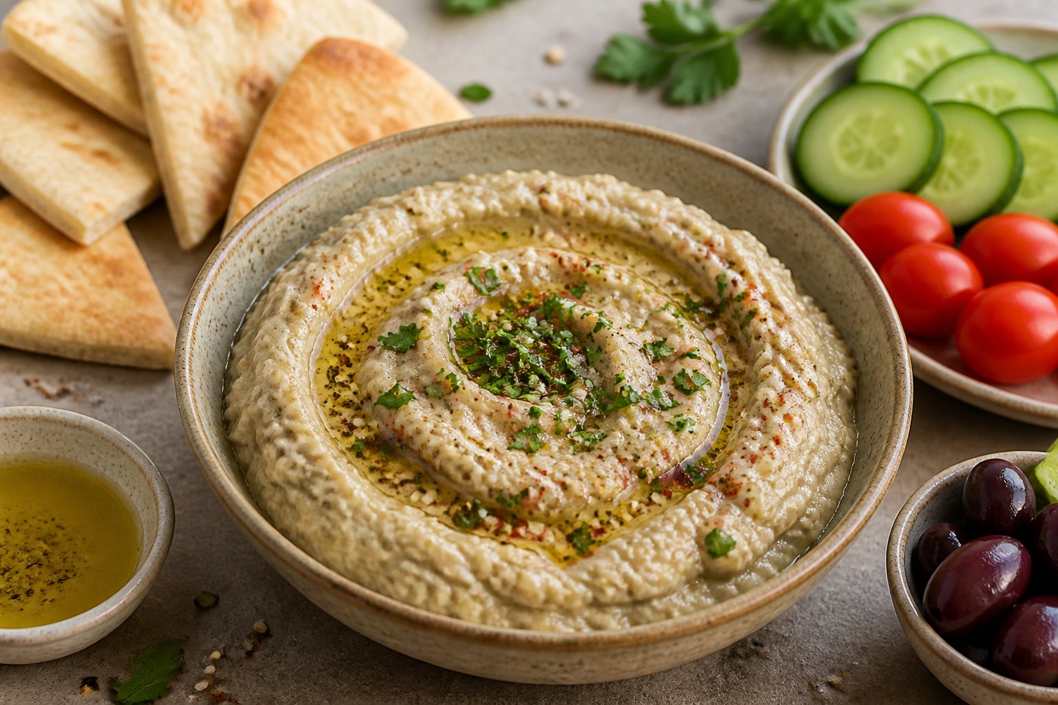 A bowl of baba ganoush garnished with olive oil, parsley, and sesame seeds, surrounded by pita bread and Mediterranean vegetables.
