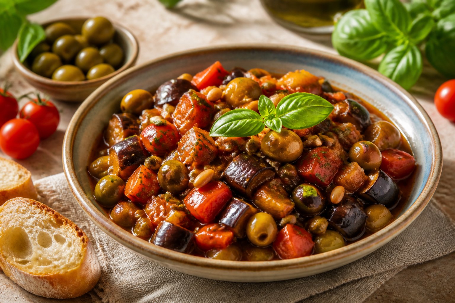A bowl of Sicilian caponata with eggplant, tomatoes, olives, celery, and capers on a rustic table.